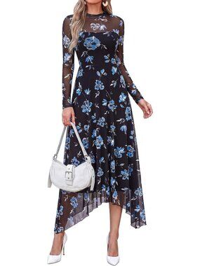 Floral Black Blue Mesh Midi Dress - XX-Large, Elegant Summer Style
